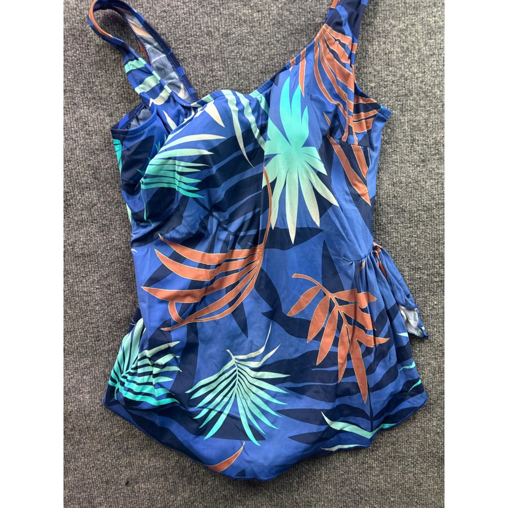 Maxine of Hollywood Swim Dress Women M Blue Palm Leaf Sarong One Piece Swimsuit